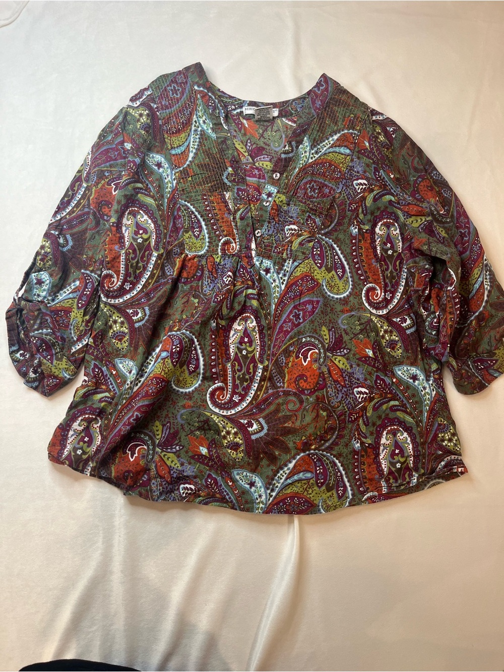 Rebecca Malone Paisley Button-Front Blouse in Green and Burgundy